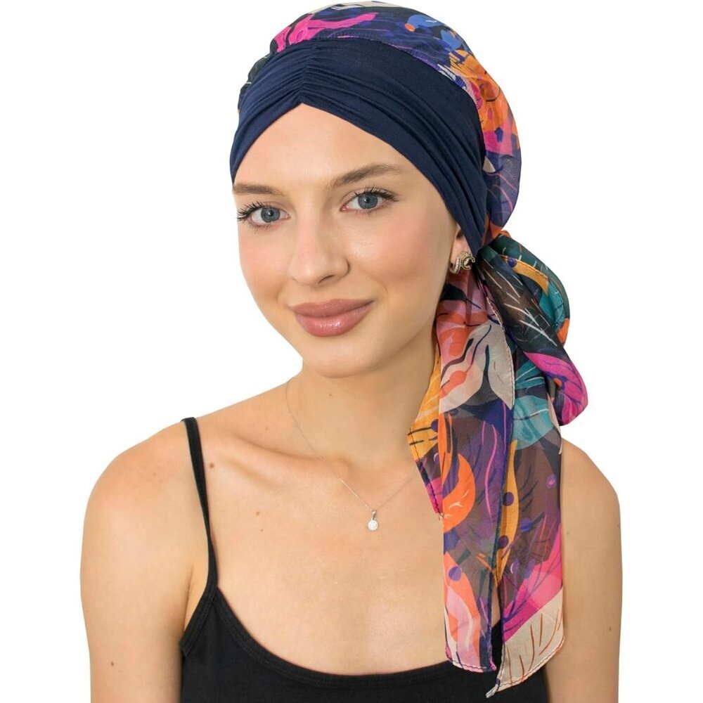 Women’s Navy Chromafloral Scarf Skull Cap Chemo Headwear Hair Loss Turban